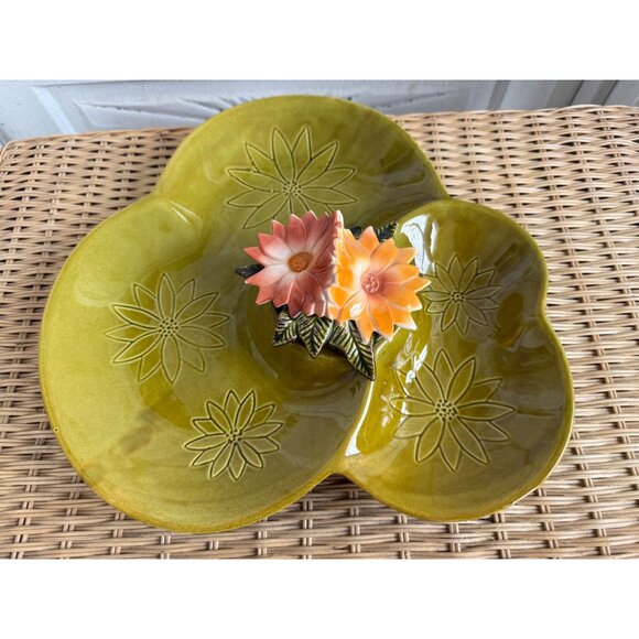 Vintage Mid-Century Modern California Pottery Green Floral Divided Serving Dish - Picture 11 of 11